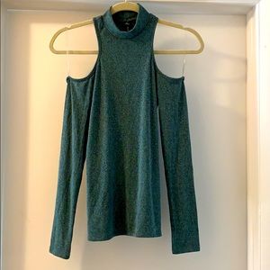 Teal, cold shoulder, high neck sweater